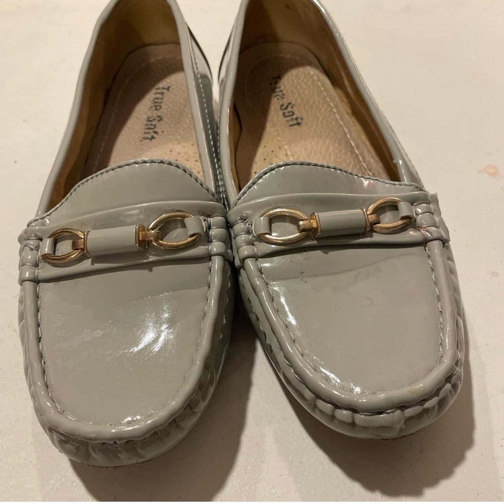 Patent-Style Loafer Flats in Light Gray with Gold Bit